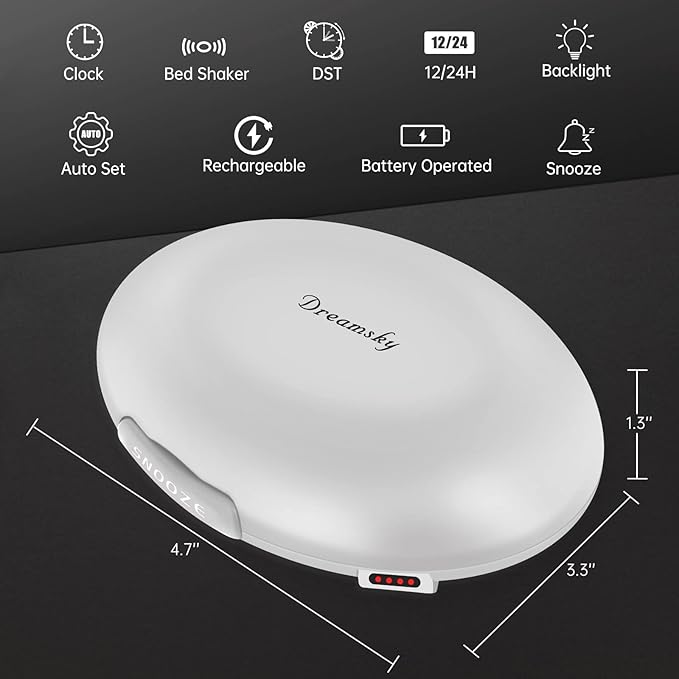 DreamSky Vibrating Alarm Clock for Heavy Sleepers - Auto Set Bed Shaker Alarm Clock Under Pillow for Hearing Impaired, Bedroom, Travel, Rechargeable Battery Operated, Cordless, Auto DST, LCD Backlight