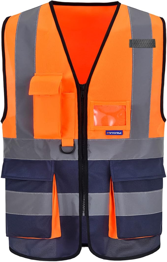 A-SAFETY High visibility vest,Reflective Safety Vest Workwear 7 Pockets Hi Vis Durable Vest with Reflective Tapes 4 Lower Pockets,Orange&Navy XXL