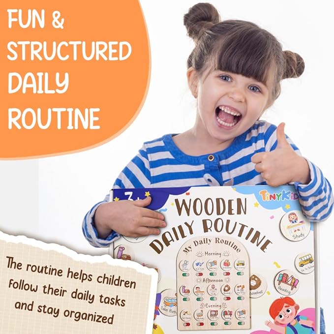 Daily Routine Chart for Kids, Visual Schedule, Routine Chart for Toddlers 3-5, Morning Bedtime Routine Chart for Toddlers, Wooden Chore Chart for Kids