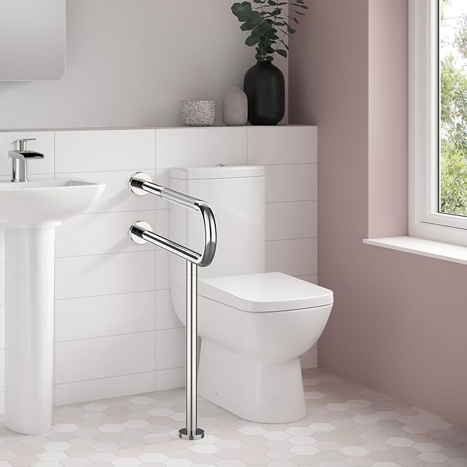 Toilet Grab Bar 31.3 Inch with Leg, YuanDe Chrome Anti-Slip Toilet Handrail, Wall & Floor Mounted Stainless Steel Grab Bar, Knurled Handicap Support Rail for Elderly, Disabled, Pregnant