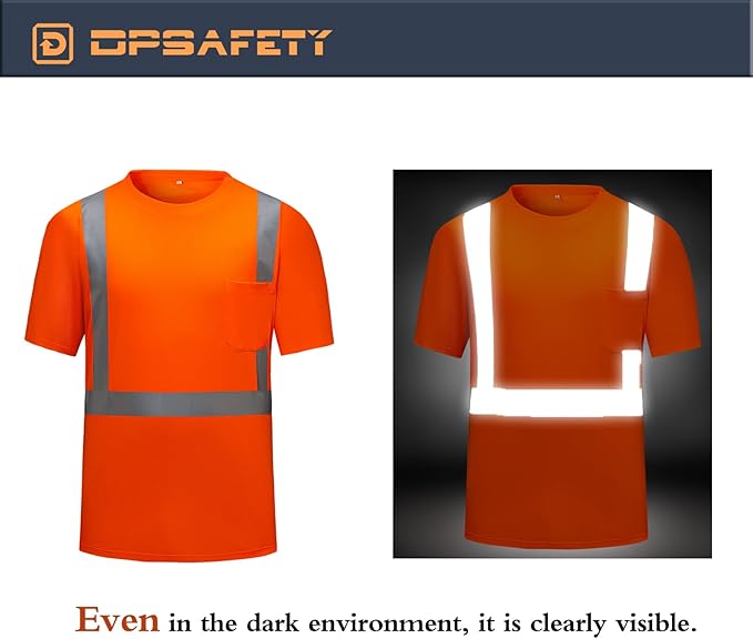 High Visibility Shirts Quick Dry Safety T Shirts with Reflective Strips and Pocket Short Sleeve Mesh Hi Vis Construction Work Class 2 Shirt for Men/Women Orange,Large