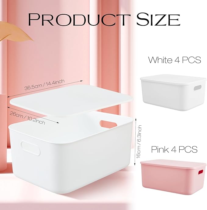 Hoolerry 8 Pieces Colorful Storage Bins with Lid, Plastic Storage Basket Organizing Container Stackable Box with Handle for Shelves Desktop Playroom Office(13.8 x 9.8 x 5.9 Inch,White and Pink)