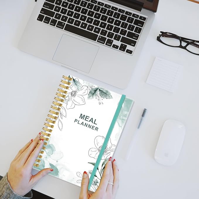 Weekly Meal Planner - A5 Weekly Meal Prep Journal with Shopping and Grocery Lists, 186 Pages Healthy Diet & Weight Loss Tracking, Undated, 52 Weeks, Lasts 1 Year, Blue Flower