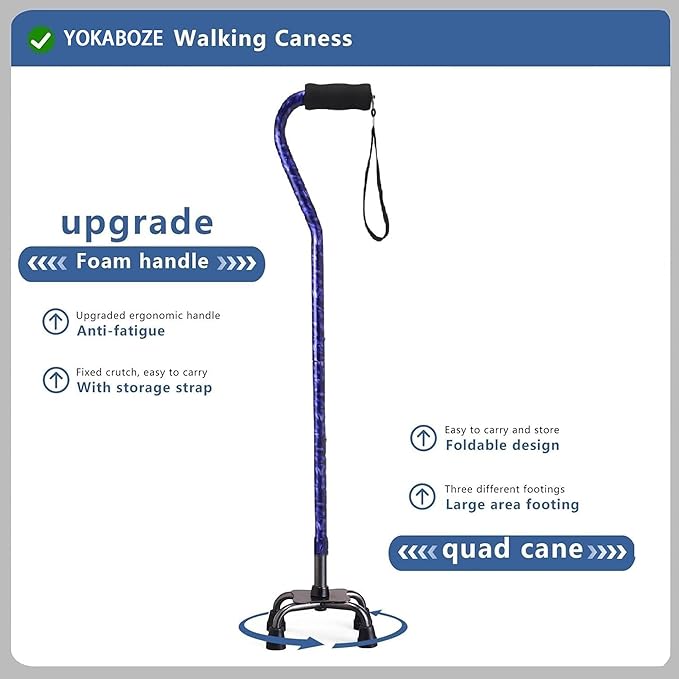 Walking Cane for Women & Men, Adjustable Quad Cane with 4-Prong Base for Stability and Balance, Folding Aluminum Walking Stick for Seniors