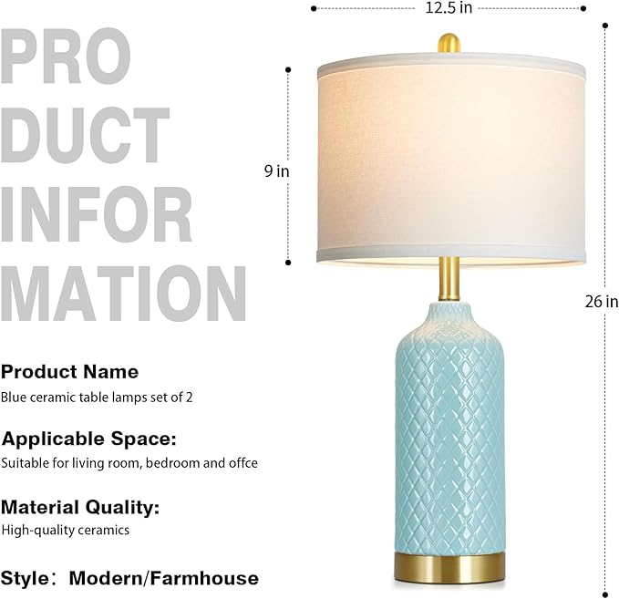 26“ Aqua Blue Ceramic Lamp Single, Coastal Table Lamps for Living Room End Table, Modern Bedside Lamp for Nightstand, Elegant Farmhouse Bedroom Lamps for Desk Side Home Decor(Bulb Included)