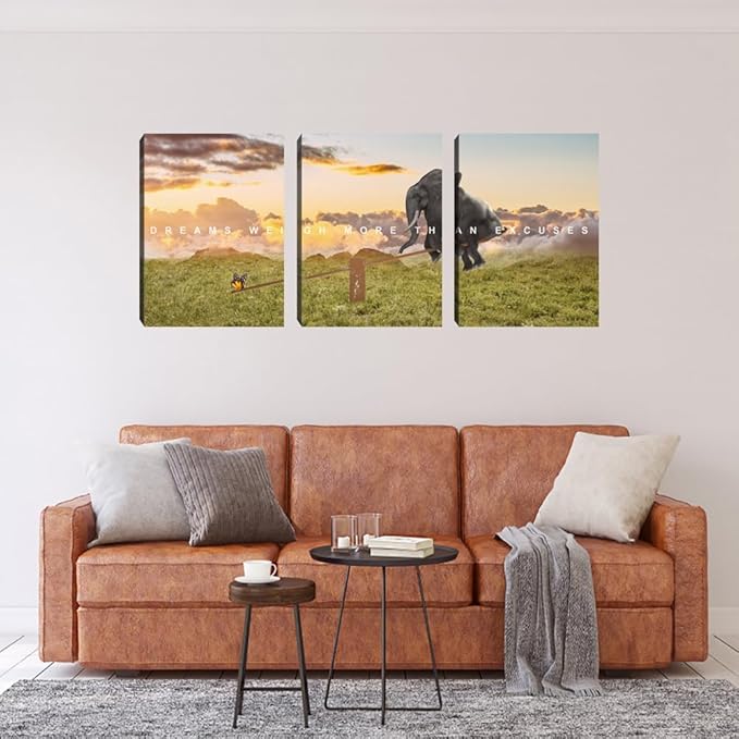 Motivational Canvas Wall Art Inspirational Quotes Poster Modern 3 Pieces Entrepreneur Office Wall Decoration Elephant Painting Decor for Bedroom Stretched and Framed Ready to Hang(72''Wx36''H)