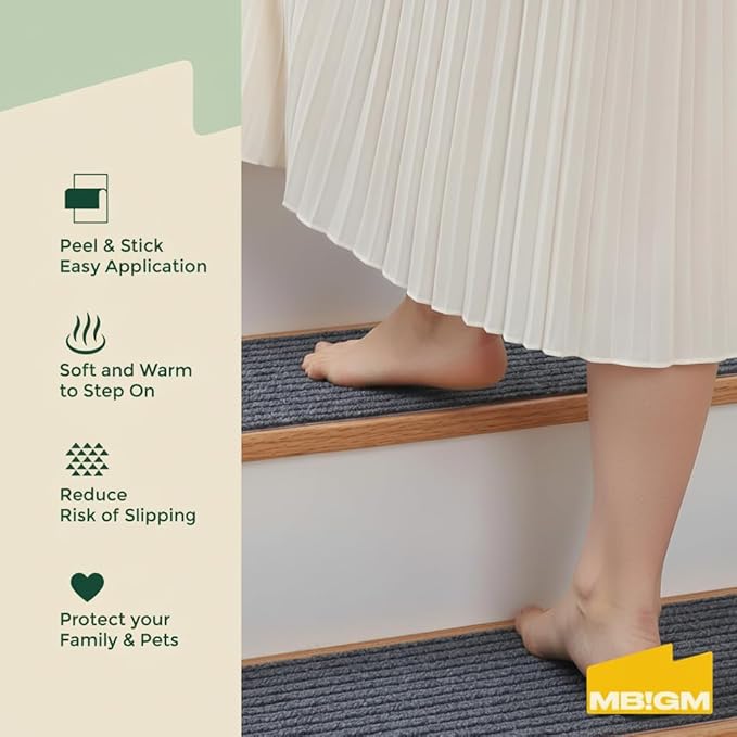MBIGM 8" X 30" (15 in Pack) Non-Slip Carpet Stair Treads Non-Skid Safety Rug Slip Resistant Indoor Runner for Kids Elders & Pets with Reusable Adhesive - Gray - Carpet Pads for Stairs