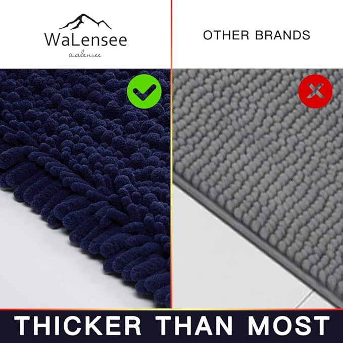 Walensee Bathroom Rug Non Slip Bath Mat (44x24 Inch Navy) Water Absorbent Super Soft Shaggy Chenille Machine Washable Dry Extra Thick Perfect Absorbant Best Large Plush Carpet for Shower Floor