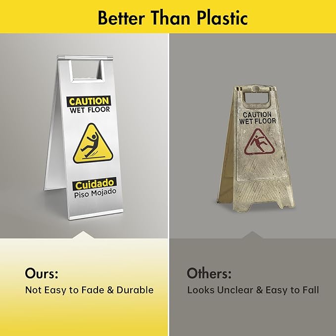 Wet Floor Sign Stainless Steel for Business, Commercial Caution Wet Floor Sign Double Sided & Bilingual, Size 24'' * 9''，Silver
