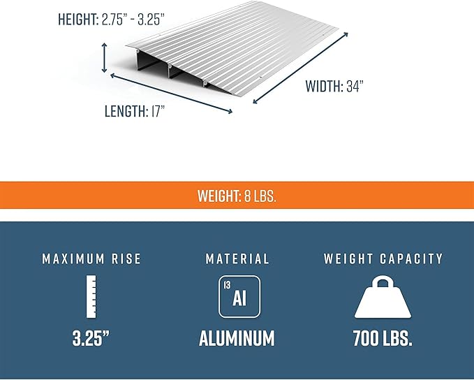 EZ-ACCESS - Threshold Ramps for Doorways - Portable Wheelchair Ramp for Home Steps, Aluminum Door Threshold Sliding Doors, Walker & Wheelchair Access - Adjustable Modular Transitions, 3" Rise