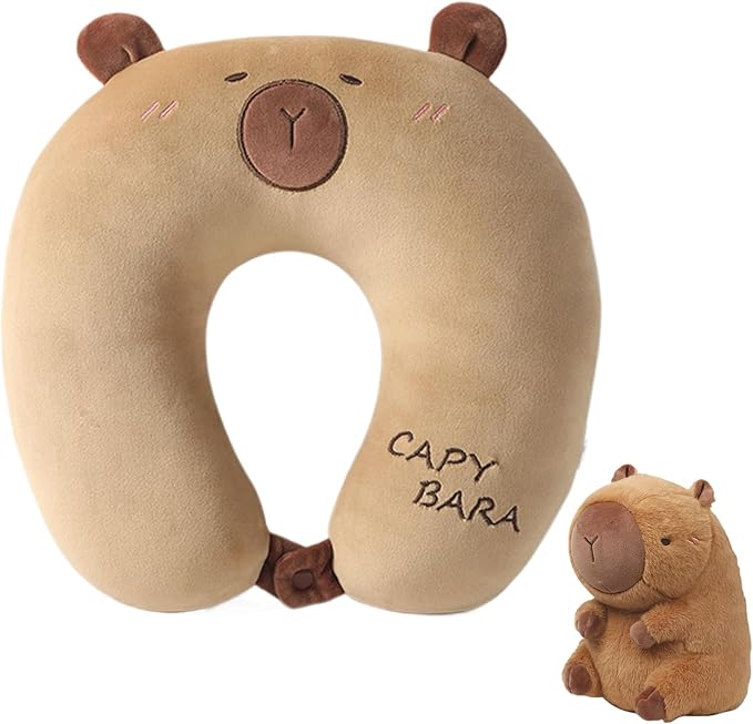 U Shape Travel Pillow - Capybara Plush 2 in 1 | Neck Support Cushion for Children Adults | Airplane Sleeping Pillow for Car Camping Office Road Trip Home | Soft Travel Comfort Accessory