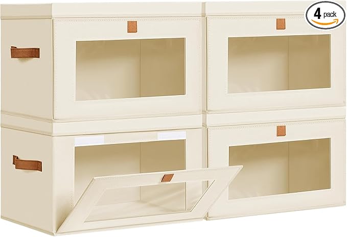 DIMJ Storage Bins with Lids - 4 Pack Large Fabric Closet Organizer with Window & Handles, Collapsible Decorative Storage Boxes for Shelves Under Bed, Books Clothes Blankets Sweaters Organization