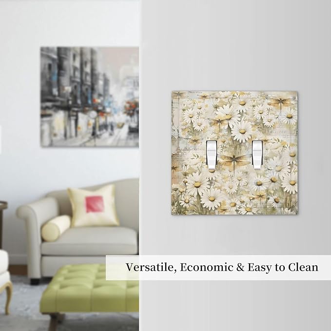 Vintage Letter Paper Wildflowers Dragonfly Daisy Floral Decorative Switch Plates 2 Gang Double Toggle Outlet Light Switch Cover Wall Plate Electrical Faceplate for Farmhouse Bedroom Decor