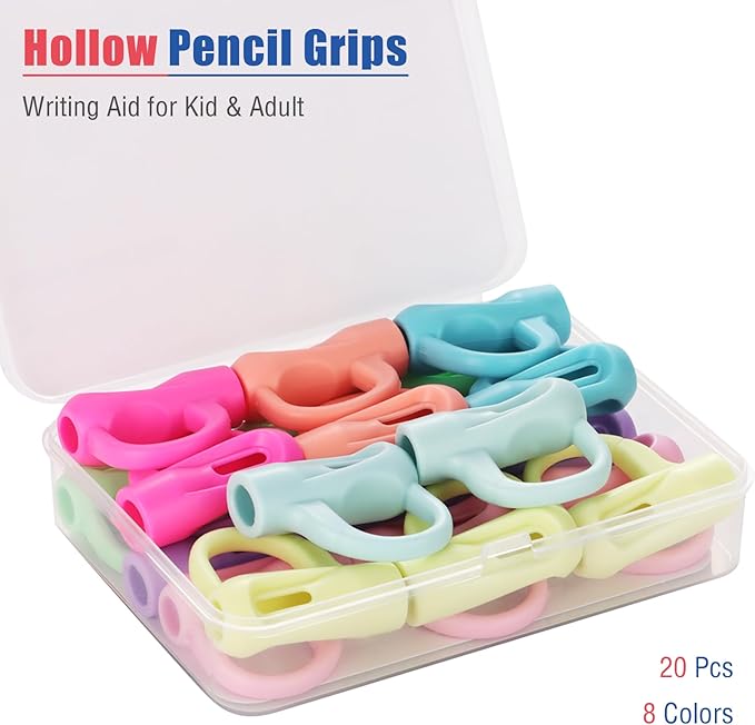 Ergonomic Pencil Grips 20 Pcs with 1 Finger Ring, 8 Colors Pencil Holders for Kids Handwriting, Hollow Pencil Grippers for Adults Writing Aid, Silicone Pencil Cushion, Gel Pen Grips
