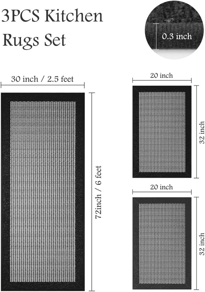 PADOOR Non Slip Kitchen Rugs Sets of 3 - Extra Large 2.5'x6' + 20"x32" + 20"x32" Runner Rugs for Kitchen Floor Non Skid Washable, Absorbent Kitchen Mat for in Front of Sink 3 Piece Black
