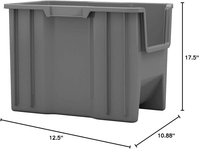 Akro-Mils 13014 Stak-N-Store Heavy Duty Stackable Open Front Plastic Storage Container Bin, (17-1/2-Inch x 11-Inch x 12-1/2-Inch), Gray, (4-Pack)