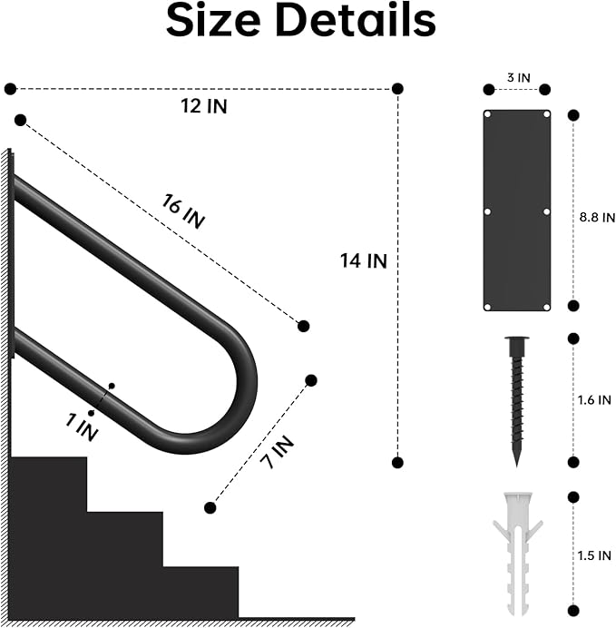 Aduanbang Heavy Duty Wall Mount Handrails for Outdoor Steps, U-Shape Non-Slip Stair Safety Grab Bar, 16 Inch Metal Railing for 1-2 Steps, Indoor/Outdoor Use, Garage, Porch, Courtyard, Garden