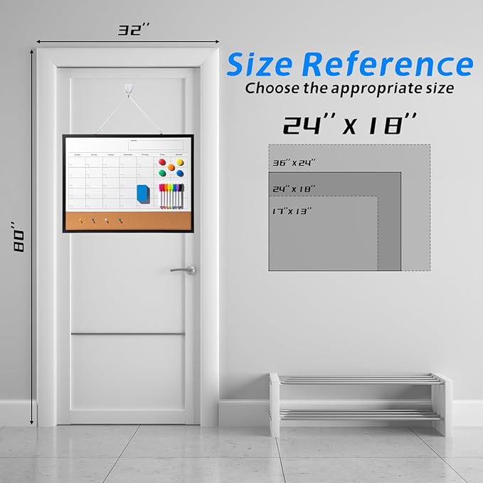 Dry Erase Calendar Whiteboard, 24" x 18" Magnetic Whiteboard Cork Board Combo, Reusable Monthly Planner with 8 Markers, Eraser, Magnets and Pushpins, Hanging Dry Erase Board for Home, School - Black