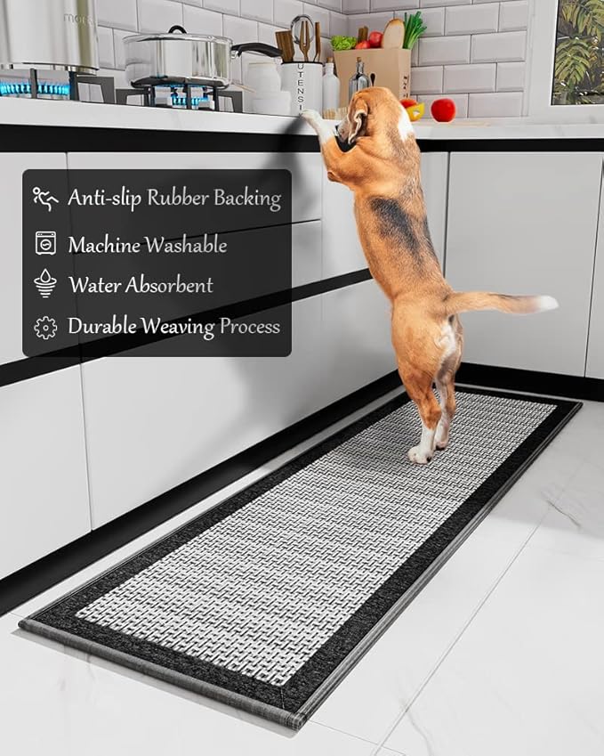 PADOOR Kitchen Mats for Floor, Kitchen Rugs Non Slip Washable, Rubber Backed Kitchen Runner Super Absorbent Long Kitchen Floor Mat Sink Rug, 20”x70” Black
