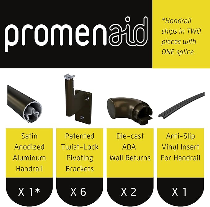 Promenaid 13ft ADA Handrail Kit - Architectural Bronze - Complete Indoor/Outdoor Handrail for Stairs - 1.6" Round Anodized Aluminum Railing with 6 Bronze Painted Brackets & ADA Wall Returns