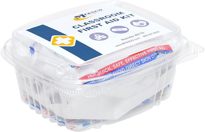 MFASCO Classroom First Aid Kit Pack - Completely Disposable - Great for Teachers & Group Leaders - Clear Plastic Container - Economical Basics - 21 Pcs - Fits Desks & Cupboards - 6x5x1 3/4 Inches