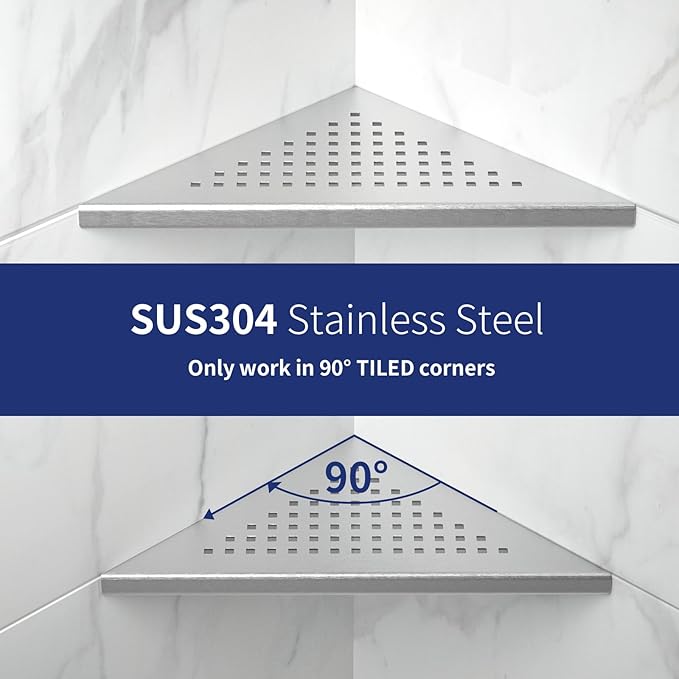 8'' Corner Shower Shelf 2 Pack, 304 Stainless Steel Grout in Shelves for Tiled Wall, Recessed Bathroom Shelf Rack, No Drilling Needed (8'', Silver)