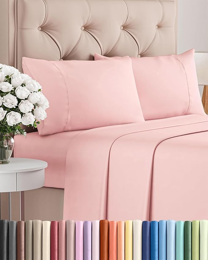 Twin XL 4 Piece Sheet Set - Cooling & Breathable Bed Sheets - Hotel Luxury Bed Sheets for Women, Men, Kids & Teens - Bedding w/Deep Pockets & Easy Fit - Soft & Wrinkle Free - Twin XL Baby Pink Sheets