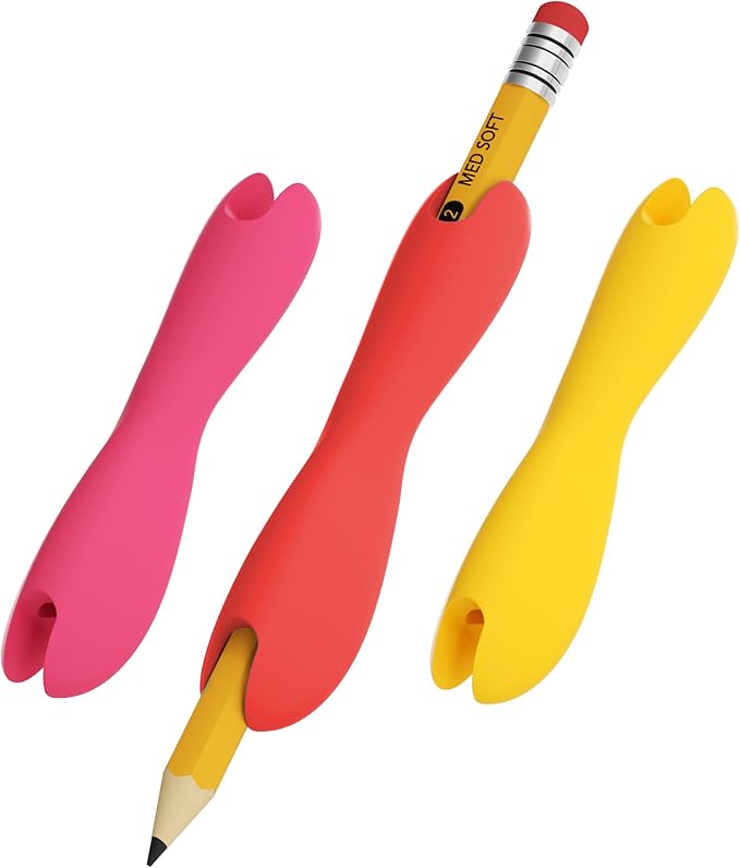 3 Pack Silicone Pencil Grips for Kids & Adults, Ergonomic Dual-Head Design for Handwriting, Drawing & Coloring, Improves Grip Control, Pink/Red/Yellow