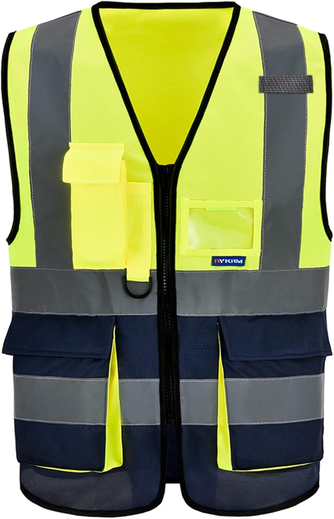 7 Pockets Hi Viz Zipper Front Working Safety Vest with Reflective Strips, Multiple Colors Available, Yellow&Navy, XXL