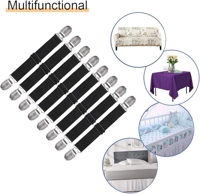 Adjustable Bed Sheet Straps Clips, Elastic Mattress Sheet Fasteners Holder and Suspenders, Grippers to Hold Sheet, Mattress, Sofa, Couch, Table Cloth, Ironing Board Cover, 8Pcs, Black
