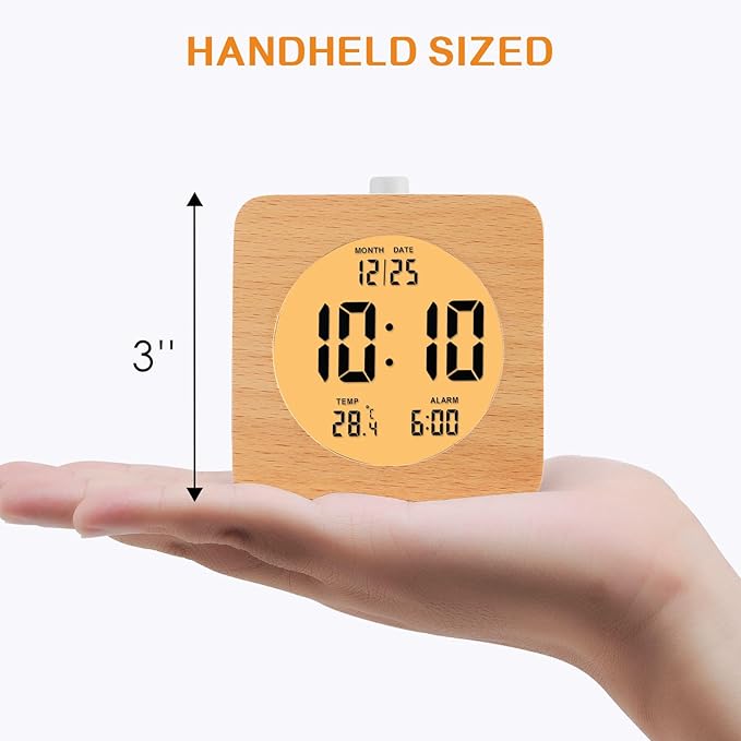 Plumeet Wooden Digital Alarm Clock for Bedrooms, Wood 4'' Battery Powered Alarm Clock with Snooze and Nightlight, Electronic LCD Desk Clock Display Time, Date, Temp, 12/24H, Wood Décor, Square, Brown