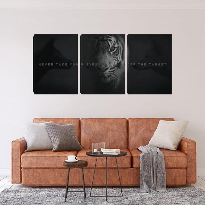 Unbruvo Tiger Motivational Wall Art - 3 Piece Canvas Prints for Office, Inspirational Leadership Quotes, Black Tiger Picture Wall Decor for Living Room, Bedroom(72''Wx36''H)