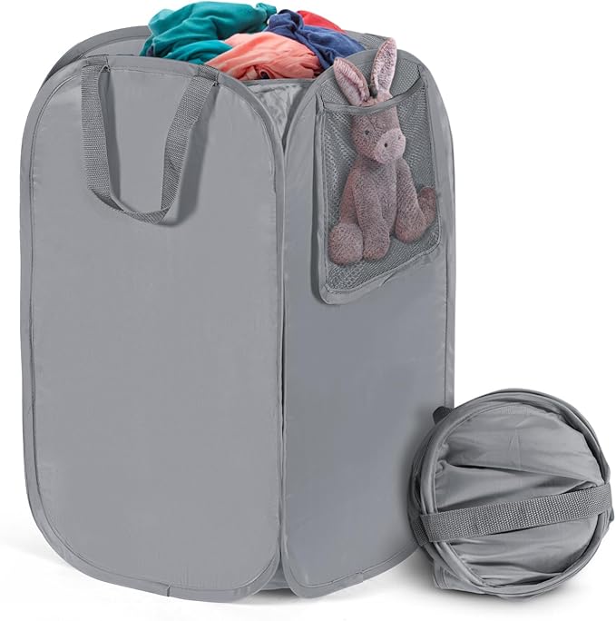 HOUSE AGAIN Upgraded Pop-up Laundry Hamper, Collapsible Laundry Basket with Durable Handles Solid Bottom High Steel Frame, Portable Foldable Dirty Clothes for Dorm, Laundry room Travel, Grey