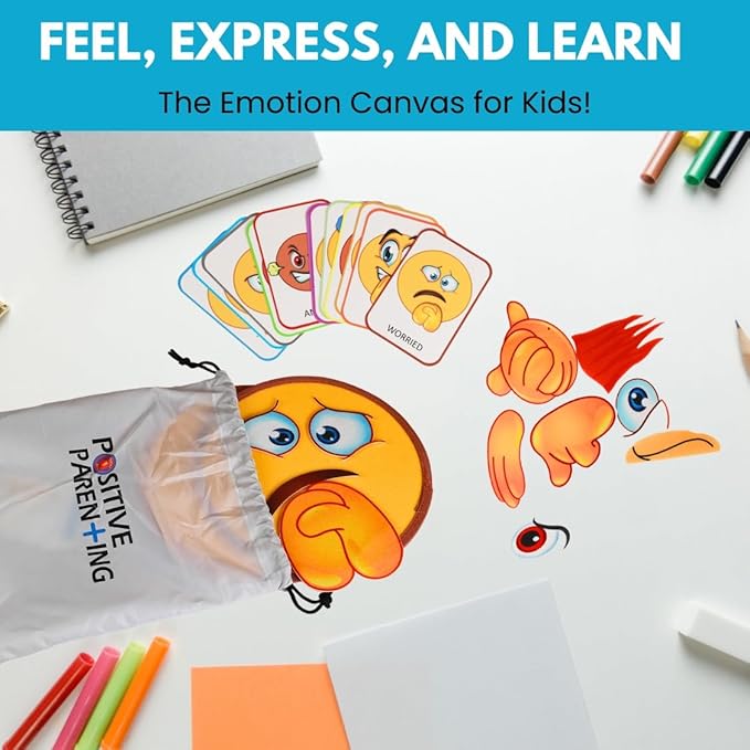 Thought-Spot Emotions Canvas Activity Set | Social Learning Game for Kids | Make Faces to Understand Feelings | 2 Canvases, 12 Double-Sided Emotion Cards with Coping Strategies, 55 Facial Pieces