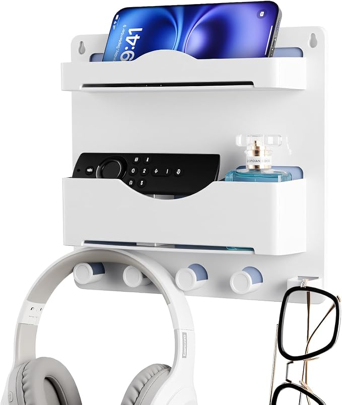 JUMEIHUI Bedside Wall Shelf with Glasses Hooks ，Adhesive Bedside Organizer Wall Mount for Dorm and Room Accessories Phone，Remote，Earphone， Kindle (White)