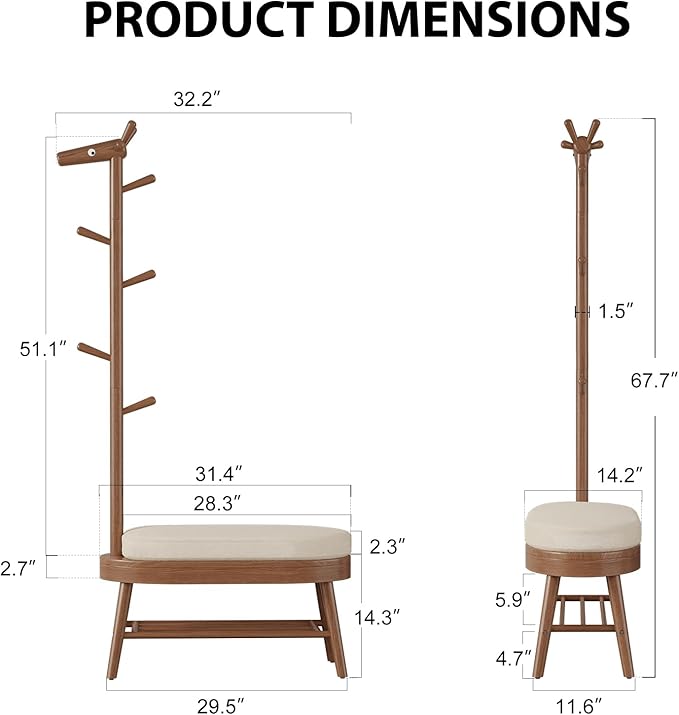 AQIMUELE Shoe Bench Entryway,Coat Rack with Shoe Storage, Coat Rack and Shoe Rack, Wooden Narrow Shoe Bench（Walnut）