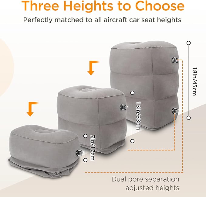 Inflatable Travel Foot Rest Pillow (2-Pack) Adjustable Height Leg Pillow Fast Inflating Airplane Bed for Toddlers Footrest Pillow for Office, Airplane, Train, Cars, Home (Grey)