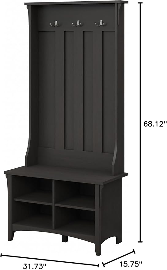 Bush Home Salinas Hall Tree with Shoe Storage Bench in Vintage Black, Multi-Purpose Home Organizer, Entryway Solution with Seating and Hooks