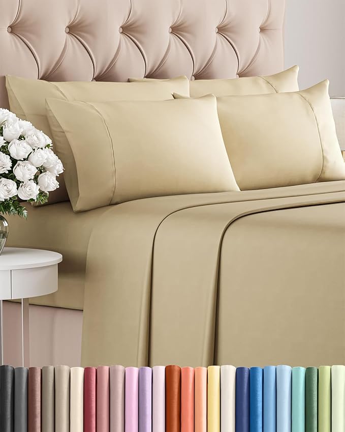 Cal King 6 Piece Sheet Set - Cooling & Breathable Bed Sheets - Hotel Luxury Bed Sheets for Women, Men, Kids & Teens - Bedding w/Deep Pockets & Easy Fit - Soft & Wrinkle Free - Cal King Beige Sheets