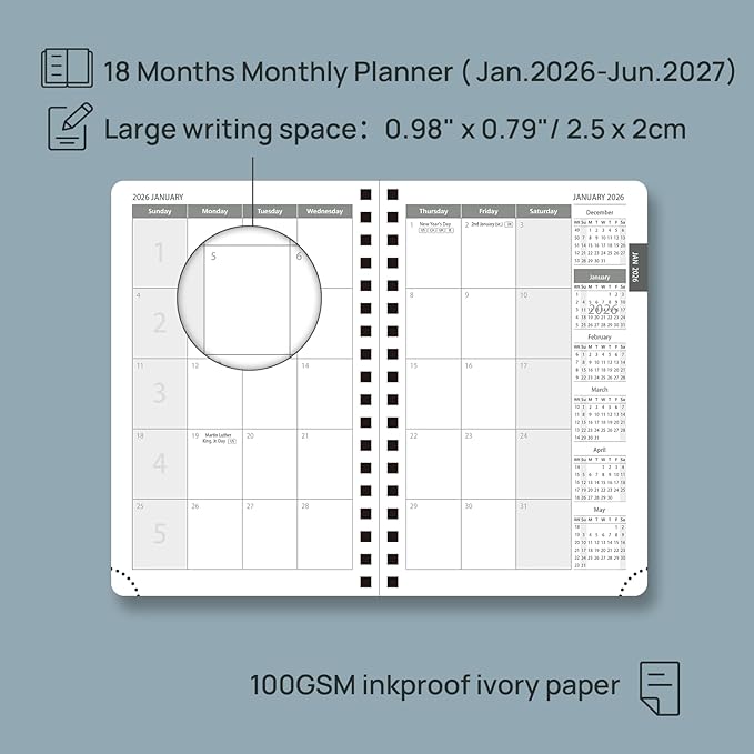 POPRUN Monthly Planner 2026-2027 (Pocket 4.25" x 6.25") 18 Months Calendar (Jan 2026 - Jun 2027) - 4 Pages per Month with Expense & Notes, Leather Cover, Sunday Starts - Brown