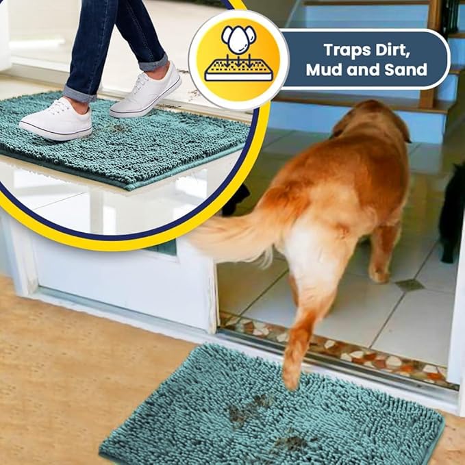 Muddy Mat® Shown on TV–Super Absorbent Microfiber Dog Door Mat for Muddy Paws, Non-Slip Washable Pet Rug, Quick Dry Chenille Entryway Carpet, Machine Washable Indoor Outdoor mat–Seafoam Green 59"x35"