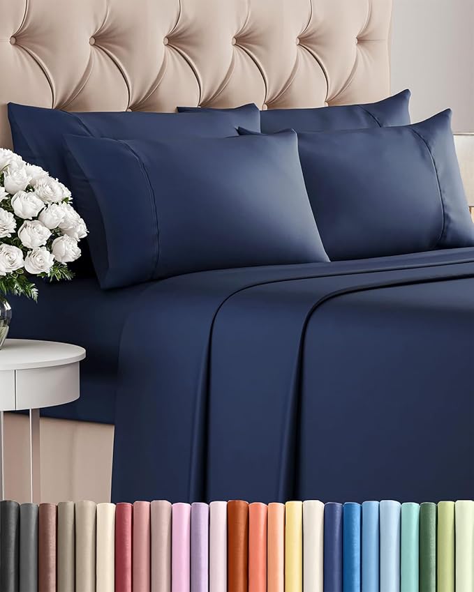 King 6 Piece Sheet Set - Cooling and Breathable Bed Sheets - Hotel Luxury Bed Sheets for Women, Men, Kids & Teens - Bedding with Deep Pockets & Easy Fit - Soft and Wrinkle Free - King Navy Blue Sheets