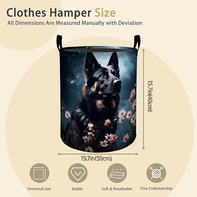 German Shepherd Laundry Basket Hamper for Boys Girls Kids Adults, Foldable Waterproof Oxford Clothes Storage Bin, Dog Organizer for Bedroom Bathroom Room Decor 19.7"x15.8"