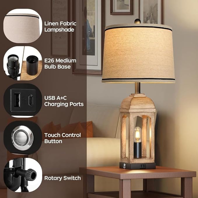 26" Rustic Set of 2 Bedside Lamps, Nightstand Lamp with 3-Way Dimmable Touch Control, Farmhouse Lamps with USB A+C and Nightlight for Living Room Bedroom