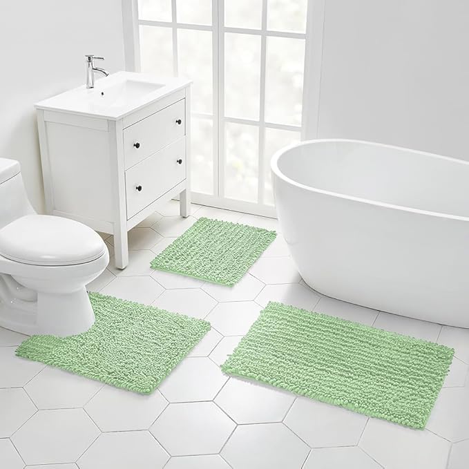 Walensee Bathroom Rug Non Slip Bath Mat (24x17 Inch Sage Green) Water Absorbent Super Soft Shaggy Chenille Machine Washable Dry Extra Thick Perfect Absorbant Best Small Plush Carpet for Shower Floor