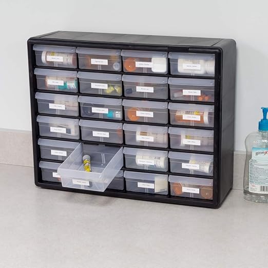 Akro-Mils 24-Drawer Plastic Storage Cabinet | 20" W x 6" D x 16" H | Black | Model 10124 | Garage Organization