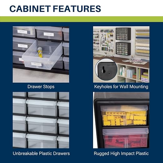 Akro-Mils 24-Drawer Plastic Storage Cabinet | 20" W x 6" D x 16" H | Black | Model 10124 | Garage Organization