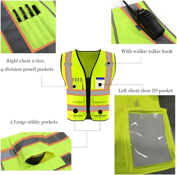 YOWESHOP High Reflective Visibility Safety Vest Custom Your Logo Safety Workwear with Reflective Strips and Pockets