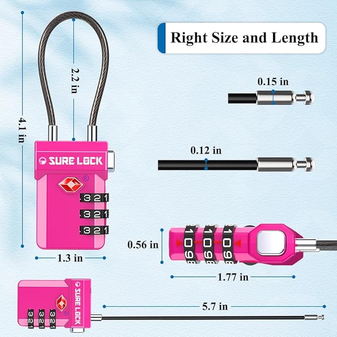 SURE LOCK TSA Approved 3-Digit Combination Luggage Locks – Open Alert Indicator, Re-settable Code with Zinc Alloy Body, Easy-Read Dials for Suitcase, Backpack, Gym Locker & Toolbox (Multiple Colors)
