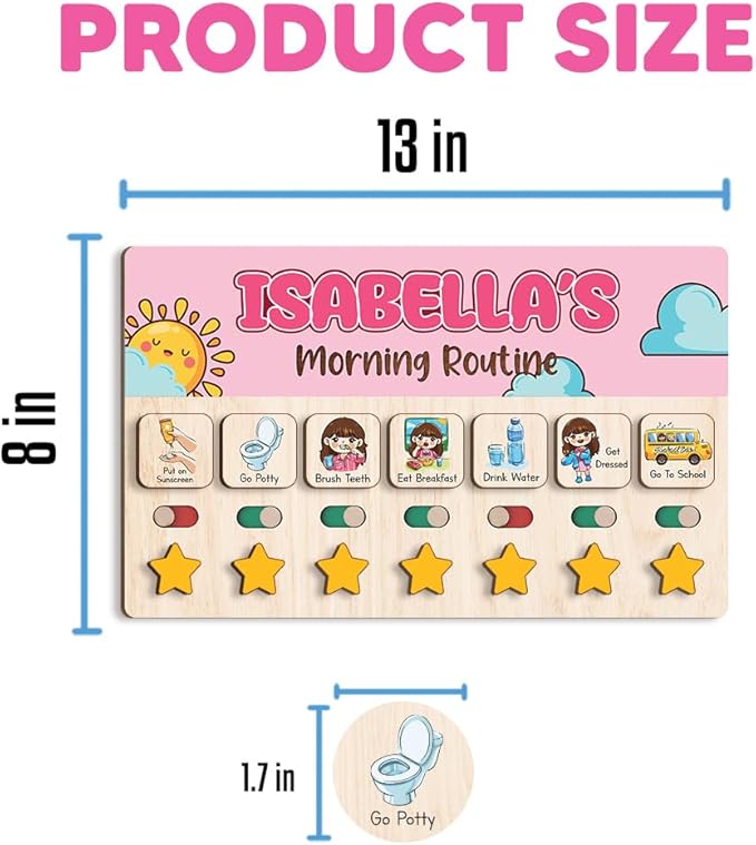 Personalized Wooden Chore Chart for Kids, Daily Routine Chart for Toddlers, Visual Schedule for Kids Age 3-5, Morning Bedtime Routine for Girls (01)
